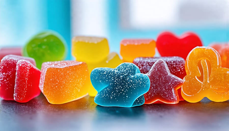 Assorted THC gummies showcasing various shapes and colors